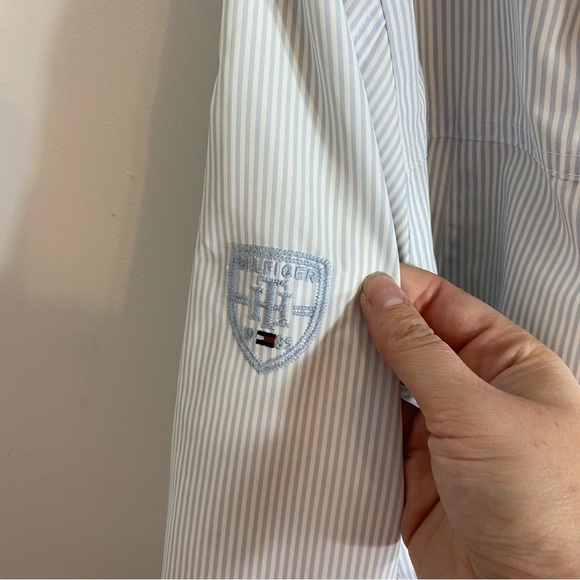 Tommy Hilfiger Blue Pin Striped Hooded XL Belted Women’s Light Spring Rain Coat - Picture 10 of 10